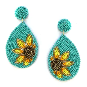 Beaded Earrings, Teal Sunflowers