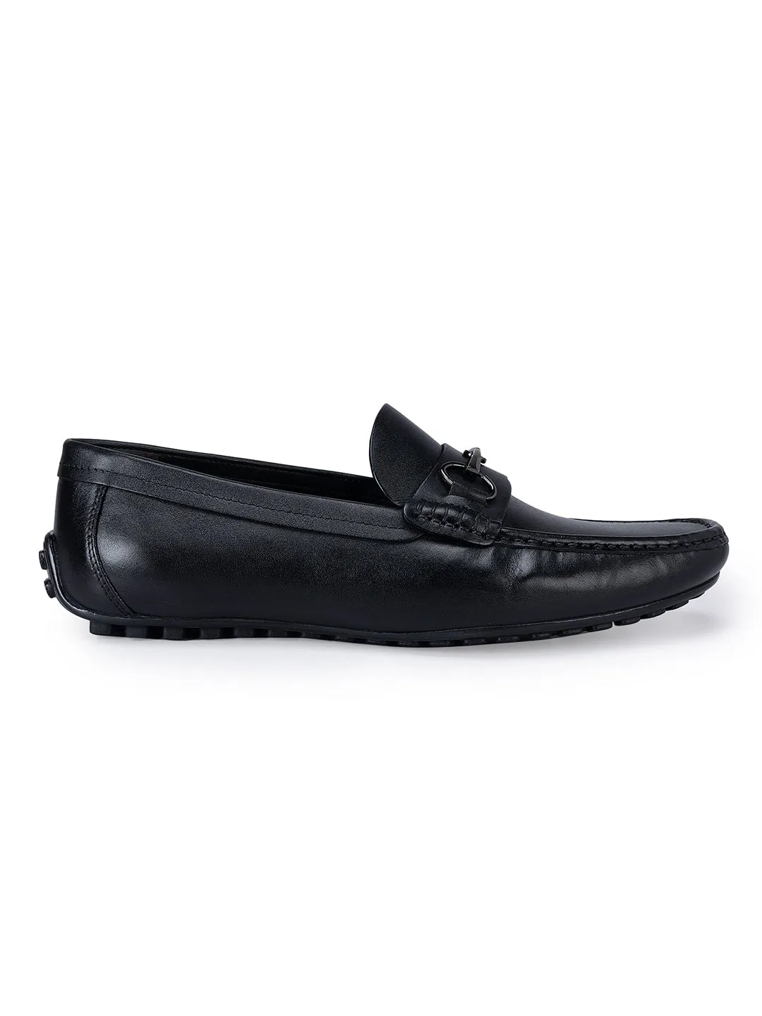 Black Leather Moccasins With Metal Embllishment