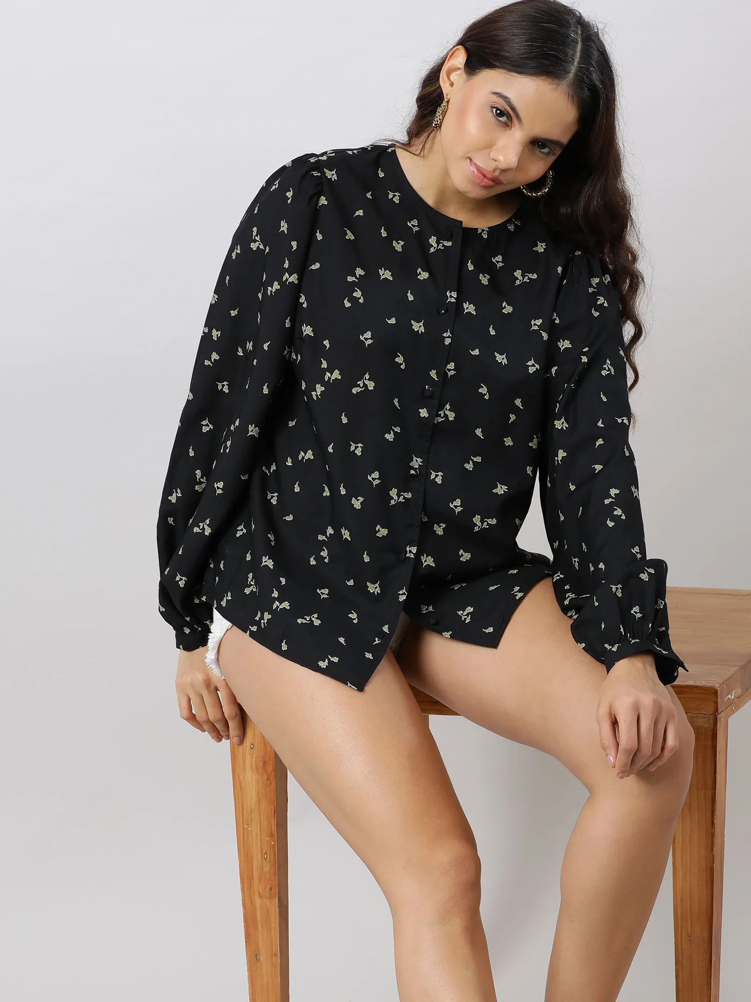 Casual Chic Black Floral Printed Shirt