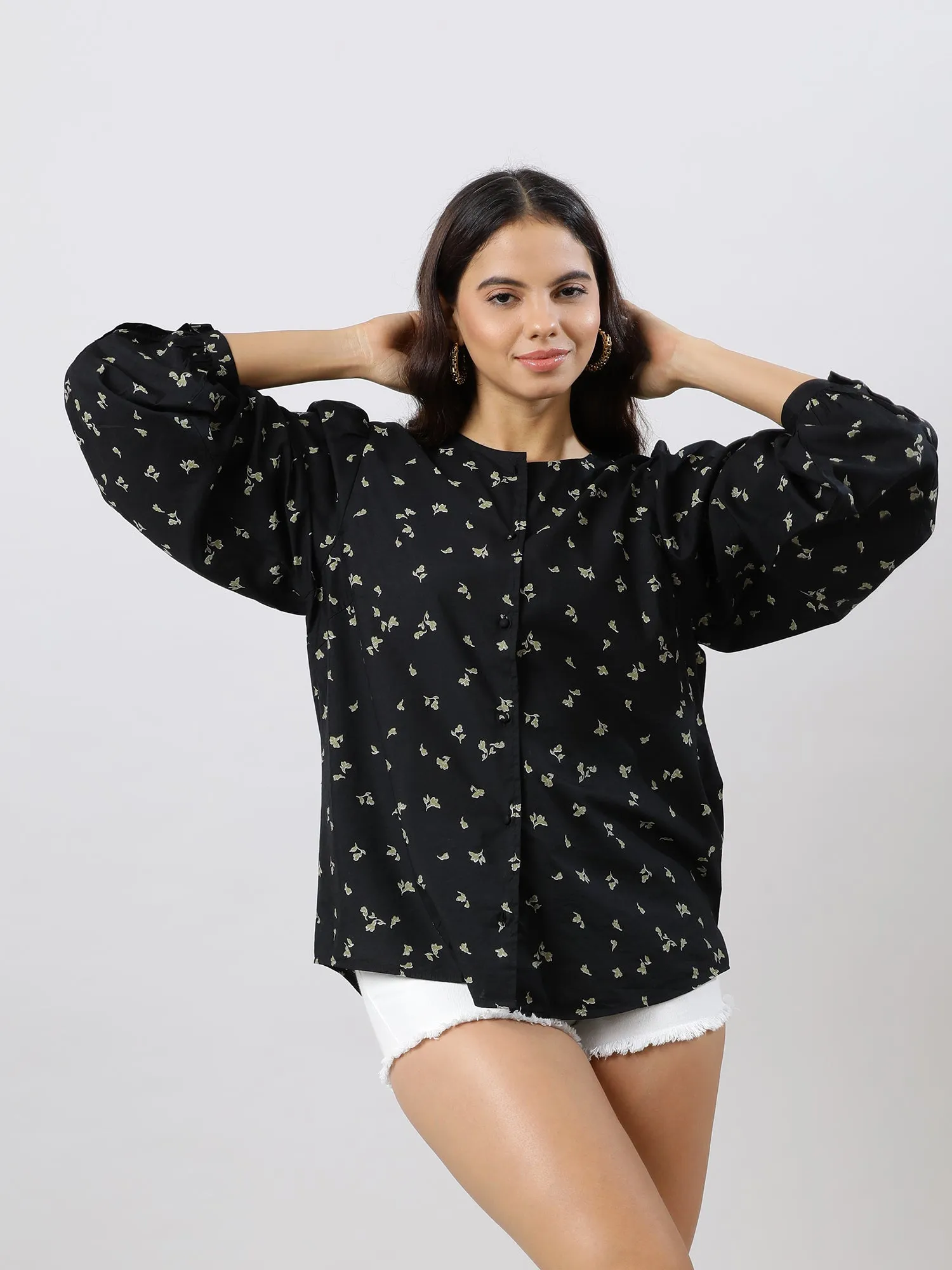 Casual Chic Black Floral Printed Shirt