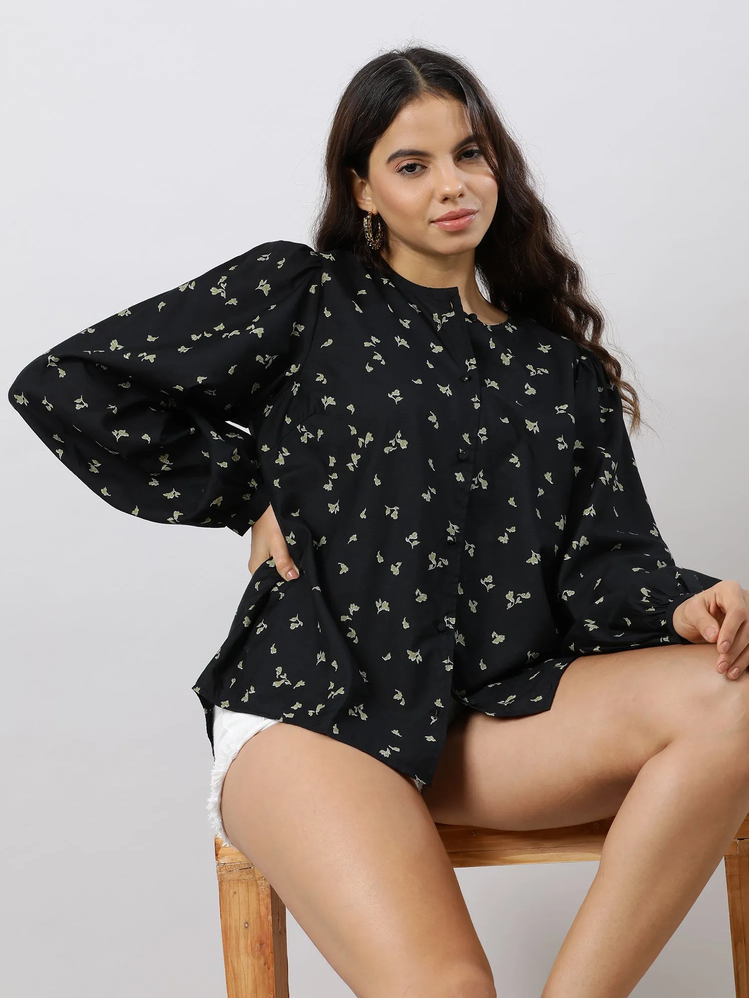 Casual Chic Black Floral Printed Shirt