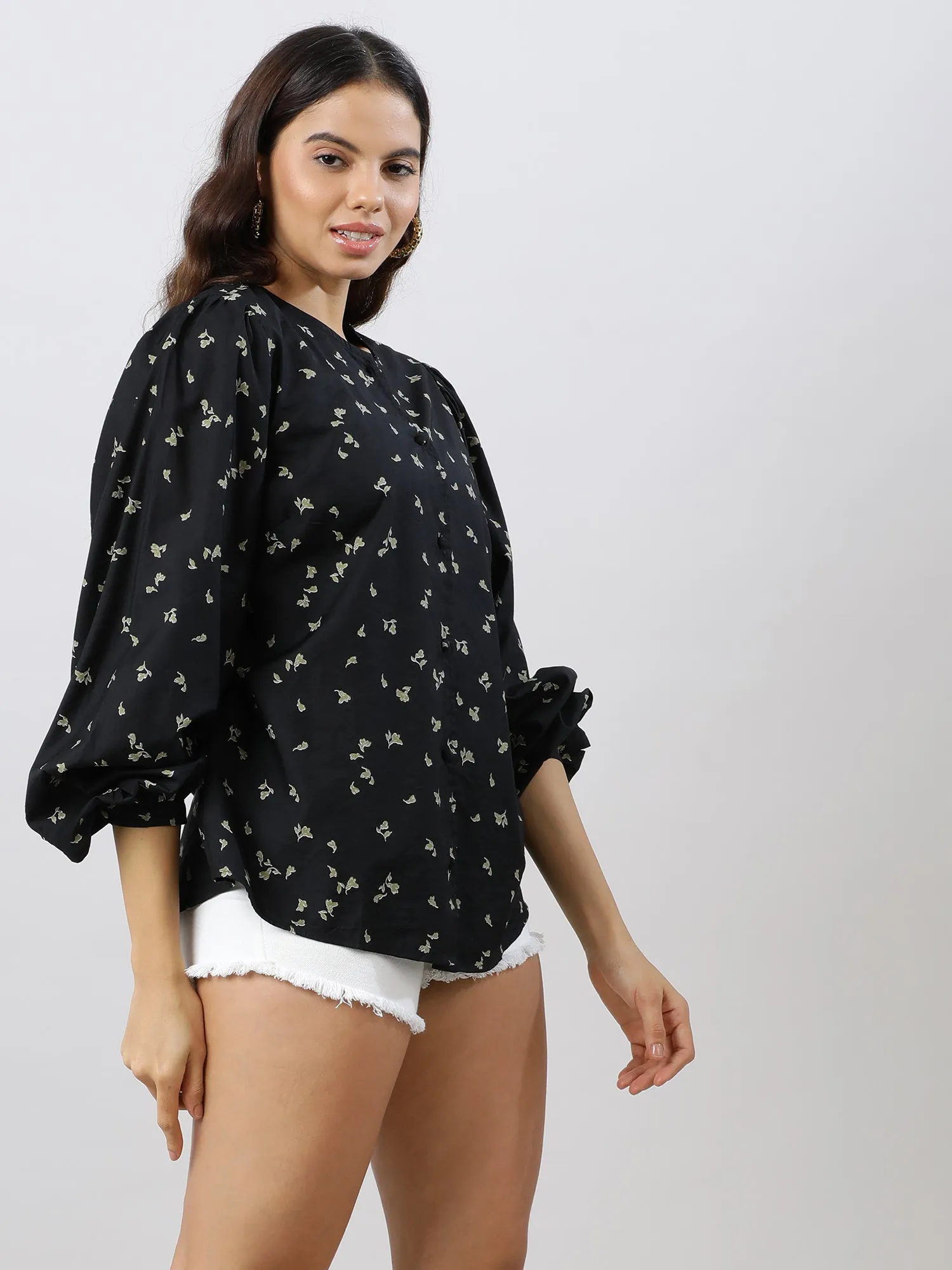 Casual Chic Black Floral Printed Shirt