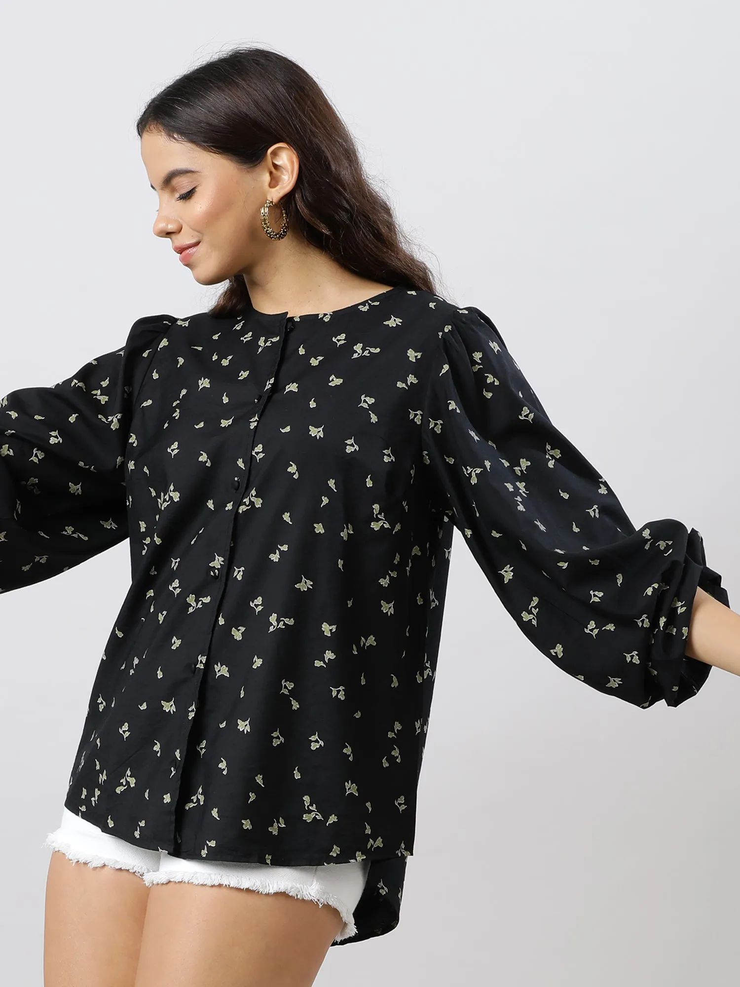 Casual Chic Black Floral Printed Shirt