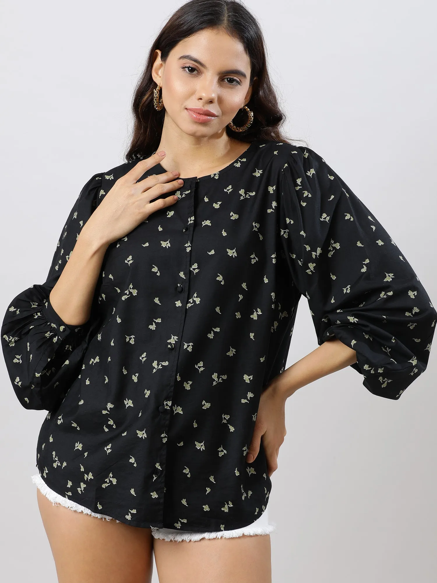 Casual Chic Black Floral Printed Shirt