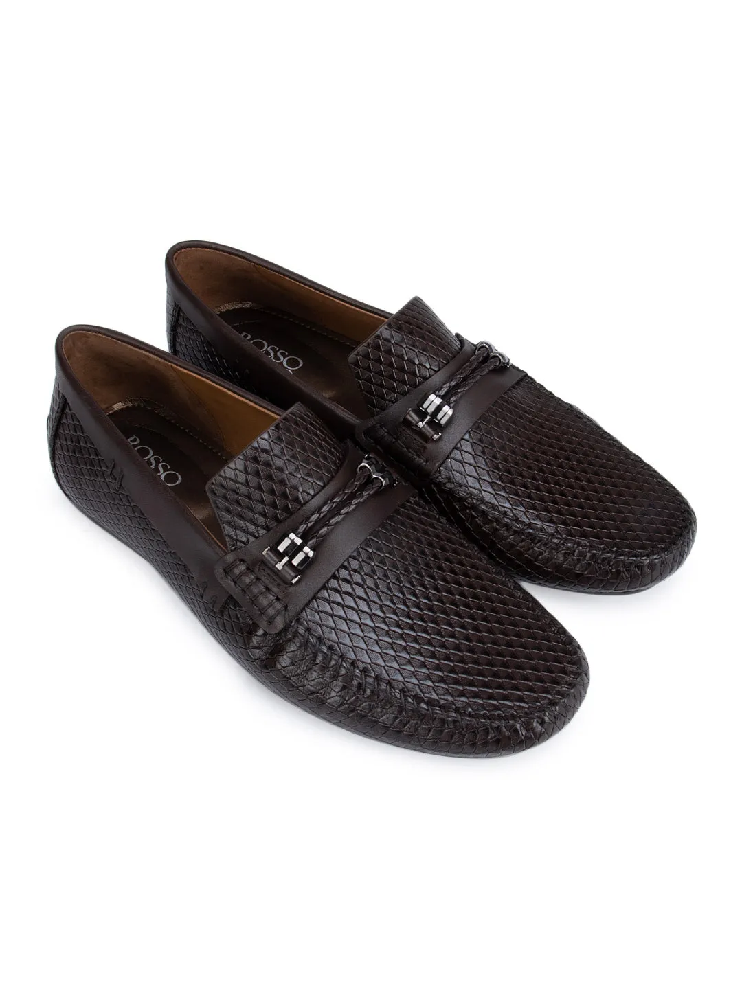 Coffee Textured Moccasins With Front Embellishment