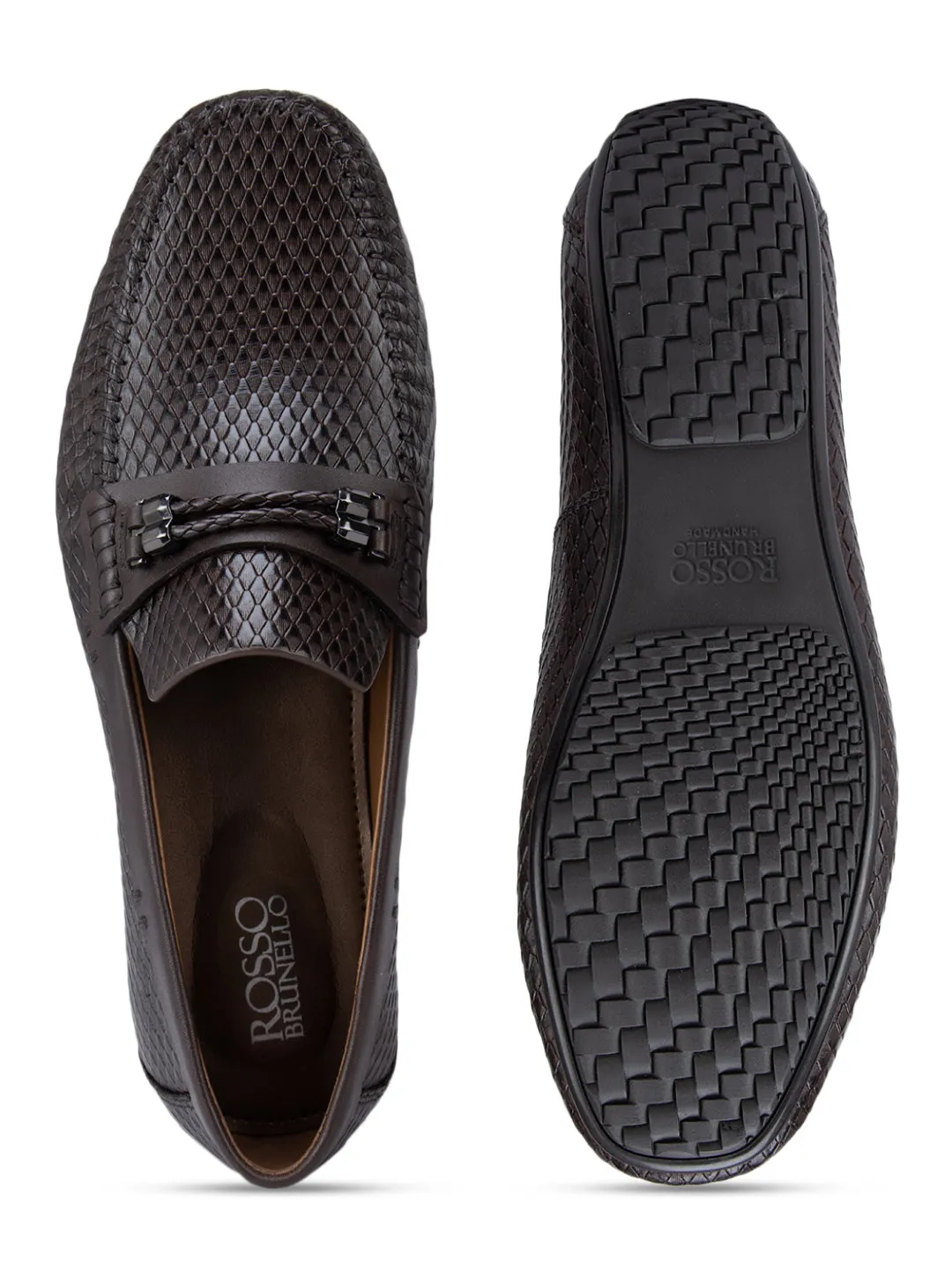 Coffee Textured Moccasins With Front Embellishment