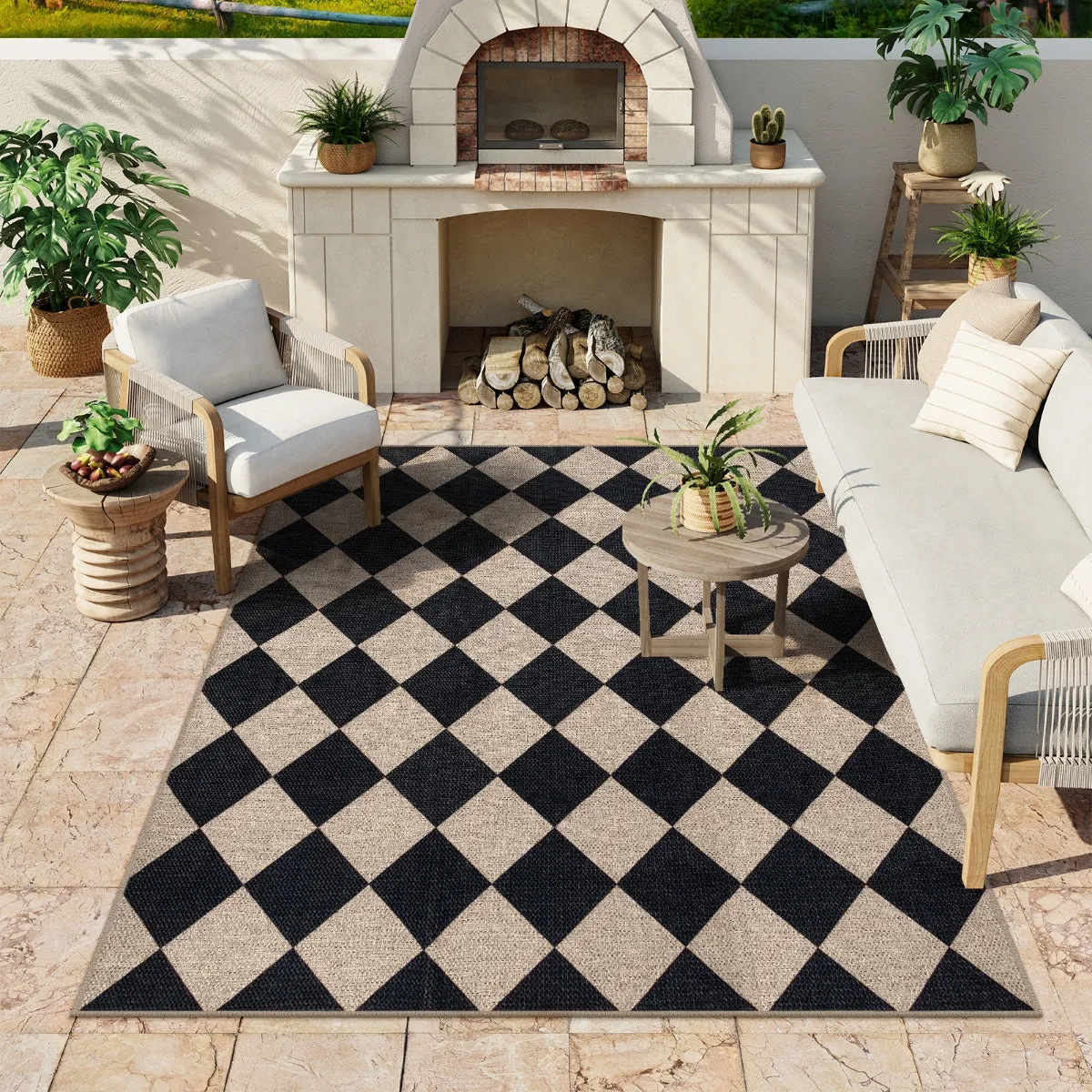 Coline Washable Geometric Checkered Easy Jute Black Area Rug
