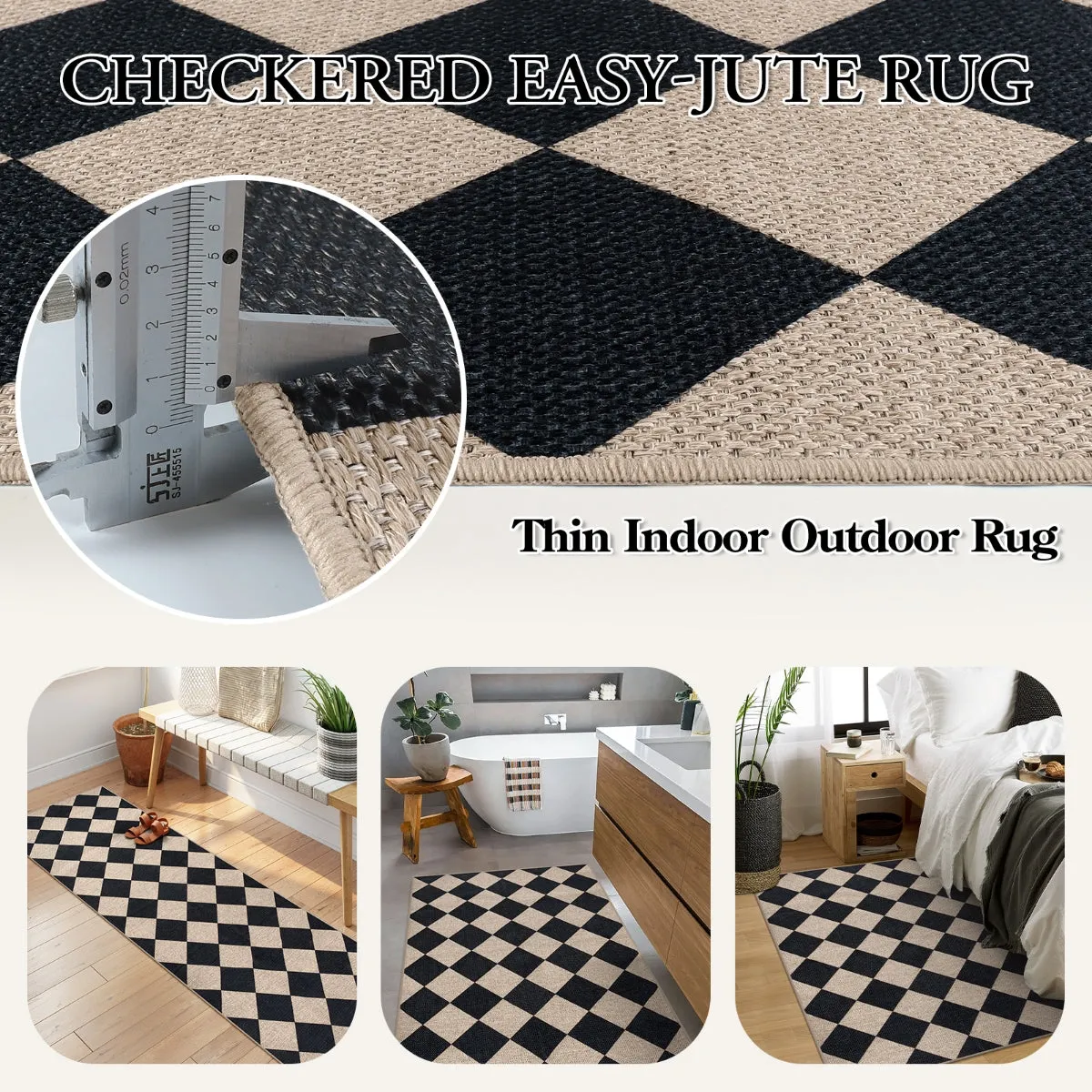 Coline Washable Geometric Checkered Easy Jute Black Area Rug