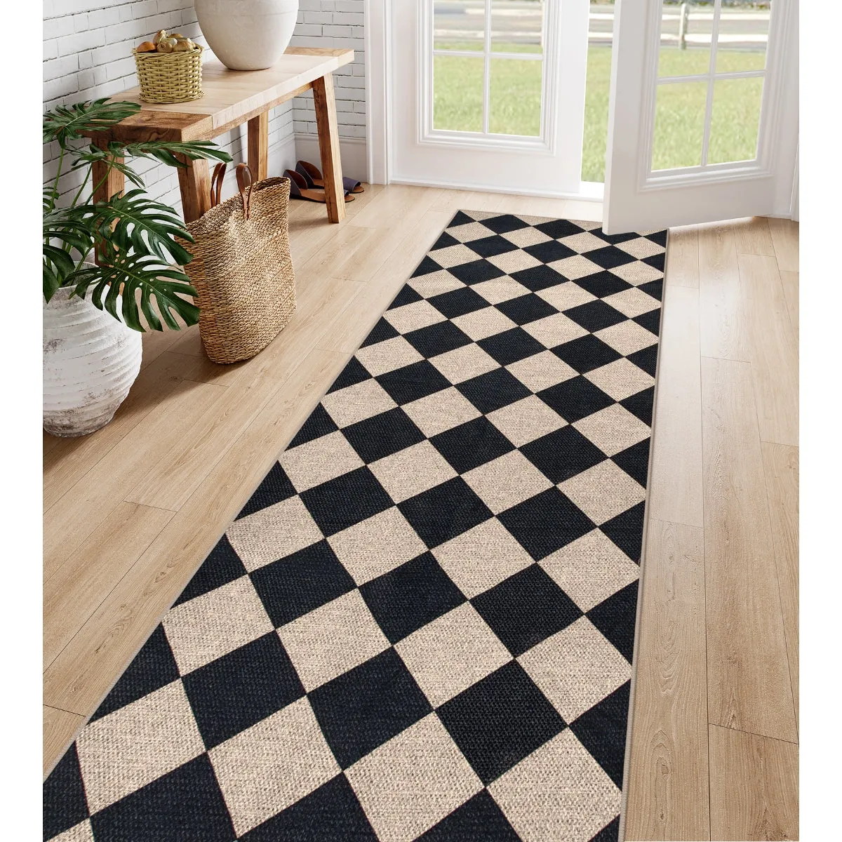 Coline Washable Geometric Checkered Easy Jute Black Area Rug