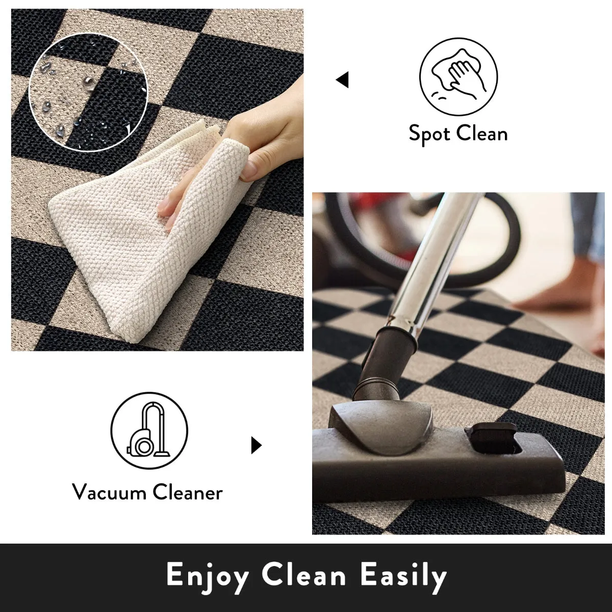 Coline Washable Geometric Checkered Easy Jute Black Area Rug