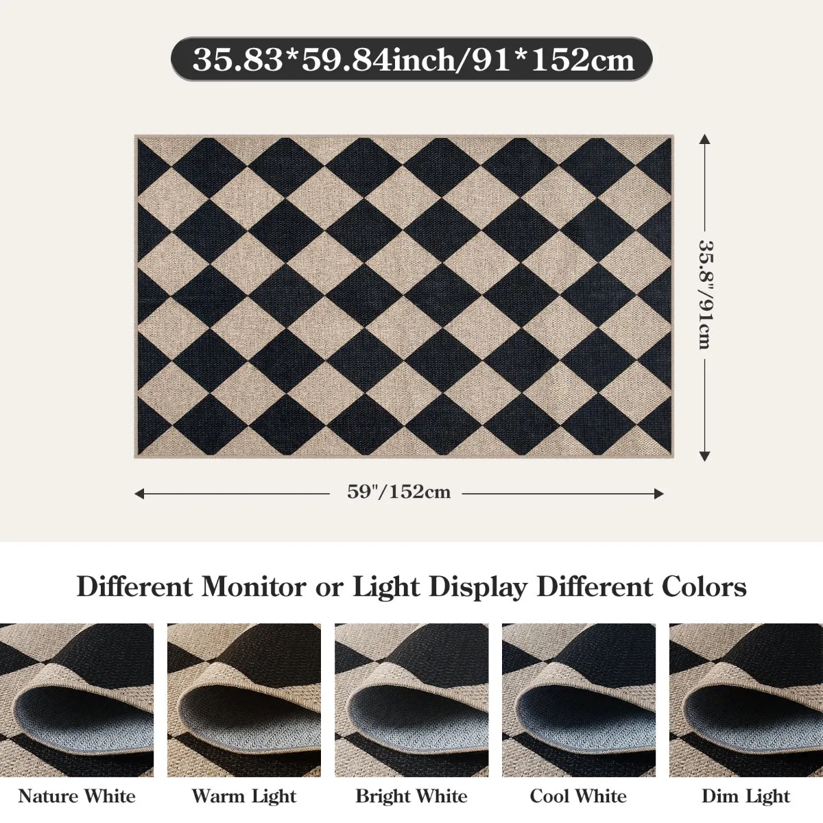 Coline Washable Geometric Checkered Easy Jute Black Area Rug