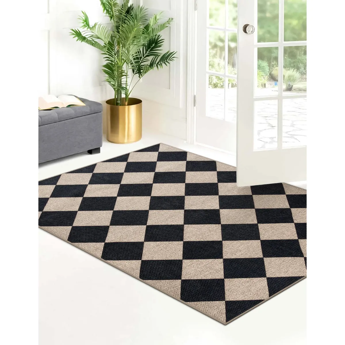 Coline Washable Geometric Checkered Easy Jute Black Area Rug