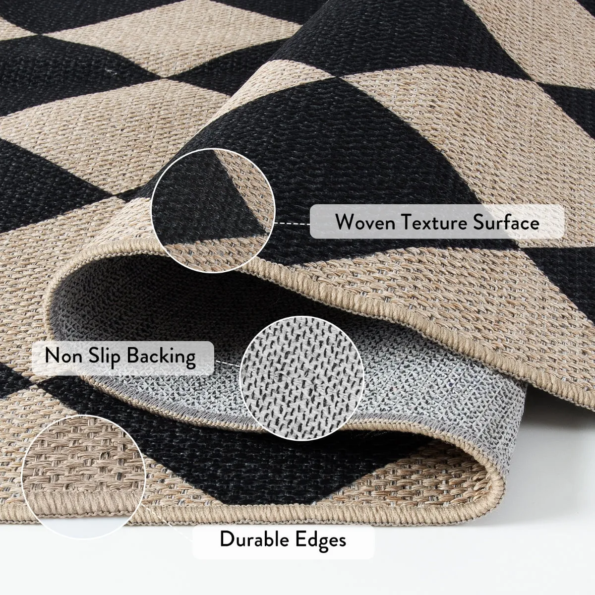 Coline Washable Geometric Checkered Easy Jute Black Area Rug