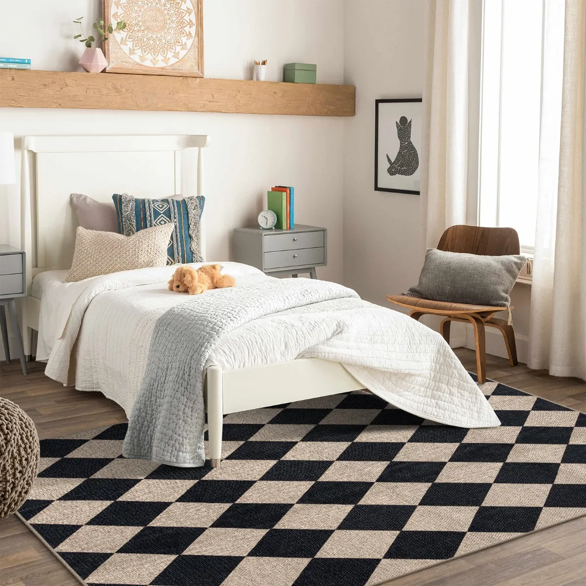 Coline Washable Geometric Checkered Easy Jute Black Area Rug