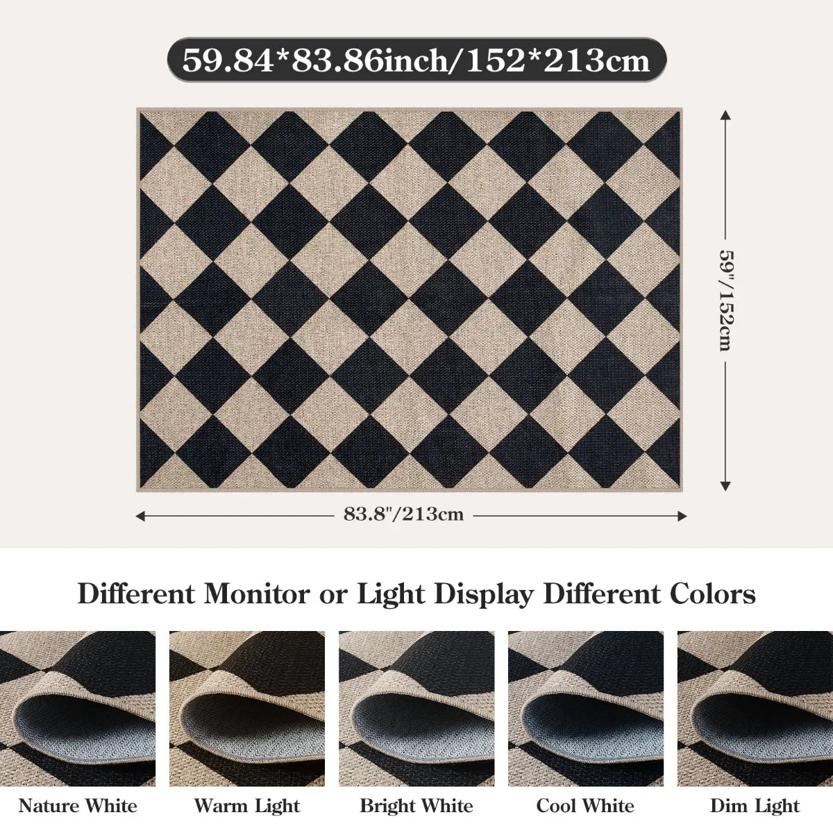 Coline Washable Geometric Checkered Easy Jute Black Area Rug