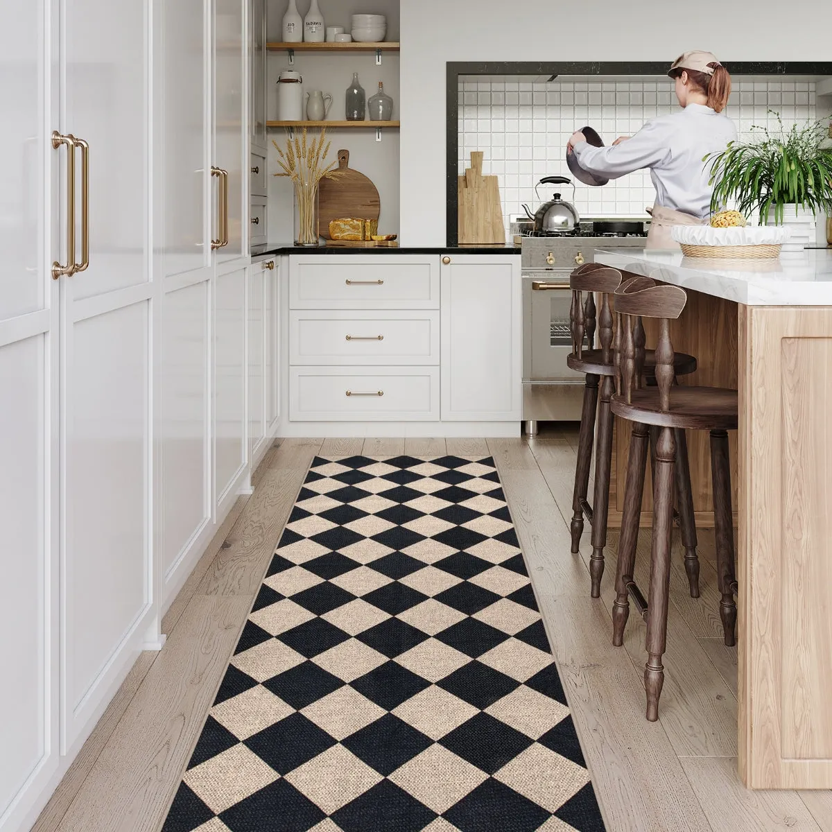 Coline Washable Geometric Checkered Easy Jute Black Area Rug