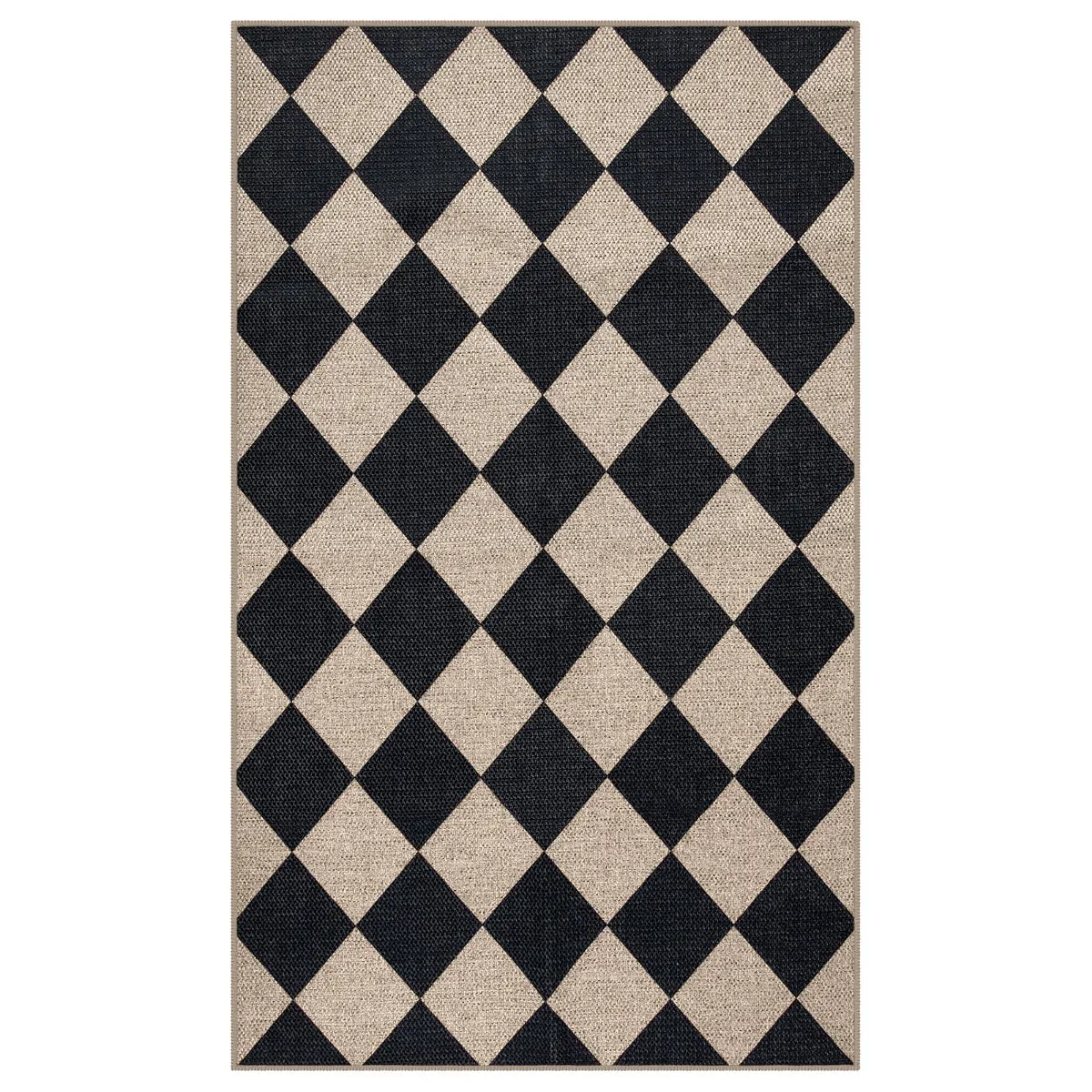 Coline Washable Geometric Checkered Easy Jute Black Area Rug
