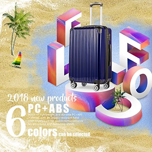 Coolife Luggage Expandable(only 28") Suitcase PC ABS Spinner 20in 24in 28in Carry on (navy new, L(28in))