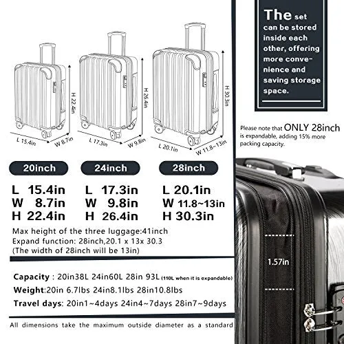 Coolife Luggage Expandable(only 28") Suitcase PC ABS Spinner 20in 24in 28in Carry on (navy new, L(28in))