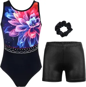Cosmic Multicolor Floral Gymnastics Leotard with Shorts Set
