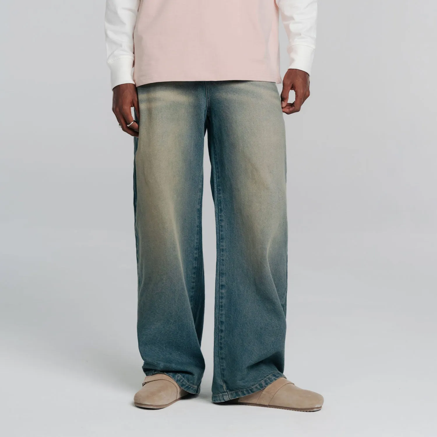 Dirty-Wash Wide-Leg Jeans - Dark Blue