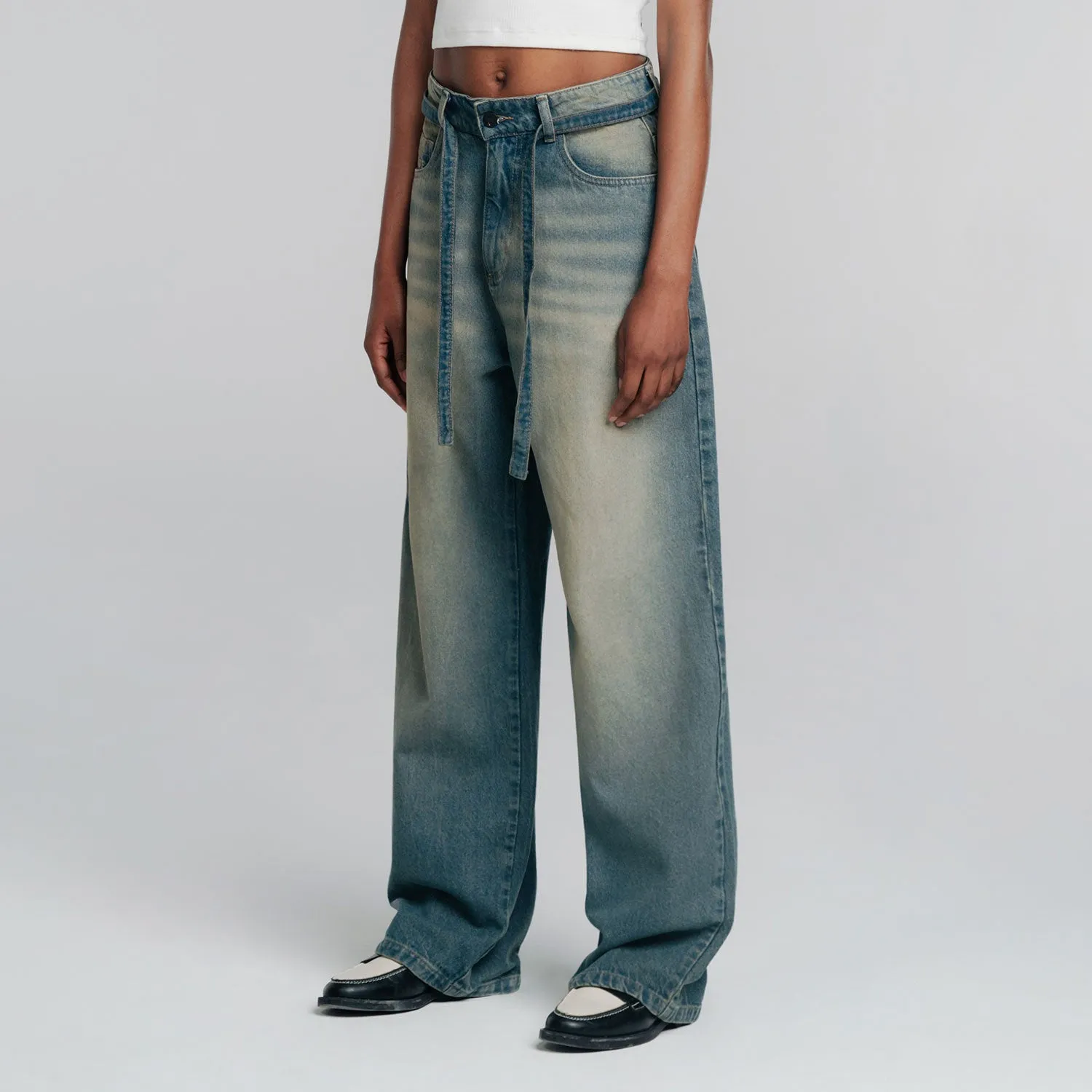 Dirty-Wash Wide-Leg Jeans - Dark Blue