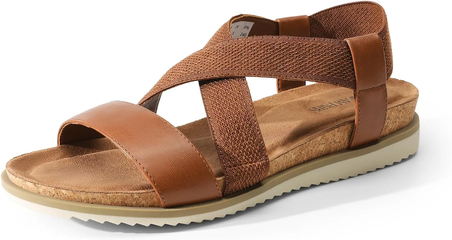 DREAM PAIRS Women's Comfortable Low Wedge Sandals, Open Toe Slip On Strappy Flat Sandals with Elastic Ankle Strap