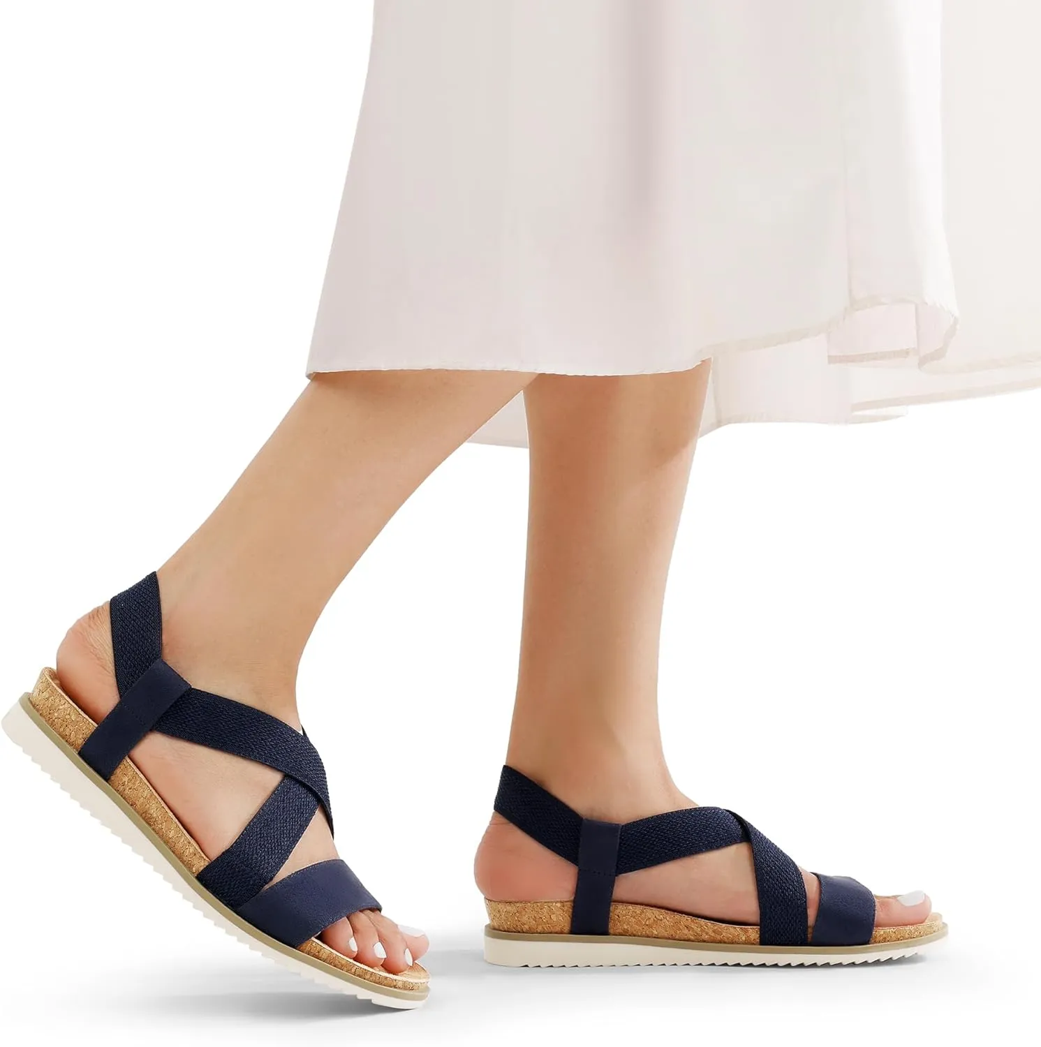 DREAM PAIRS Women's Comfortable Low Wedge Sandals, Open Toe Slip On Strappy Flat Sandals with Elastic Ankle Strap