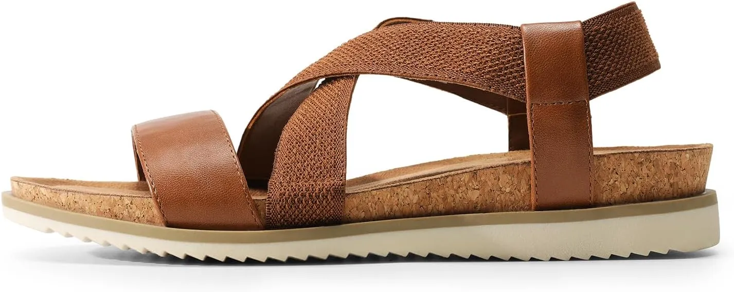 DREAM PAIRS Women's Comfortable Low Wedge Sandals, Open Toe Slip On Strappy Flat Sandals with Elastic Ankle Strap