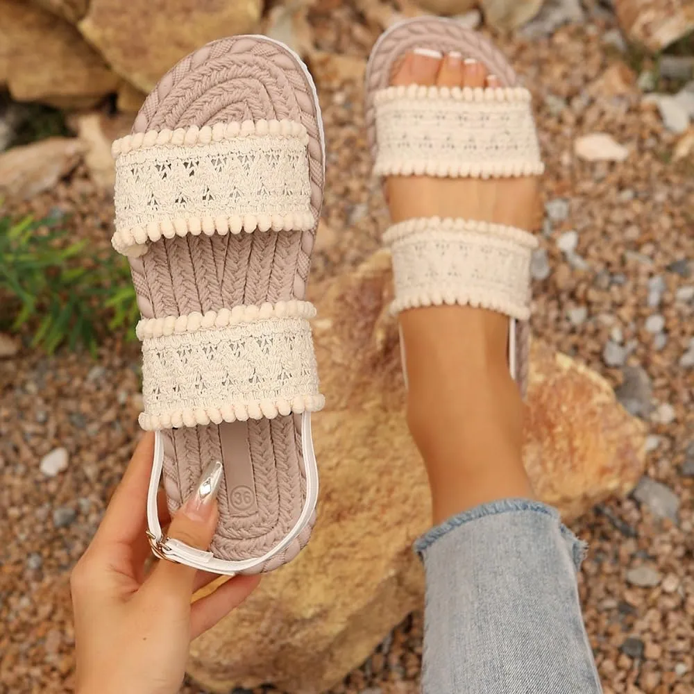 Espadrilles Rattan Sandals for Women Platform Raffia Sandals Straw Woven Slingback Dress Shoes Slip on House Slippers Lightweight Breathable Open Toe Casual Walking Slides Summer Beach Party Vacation