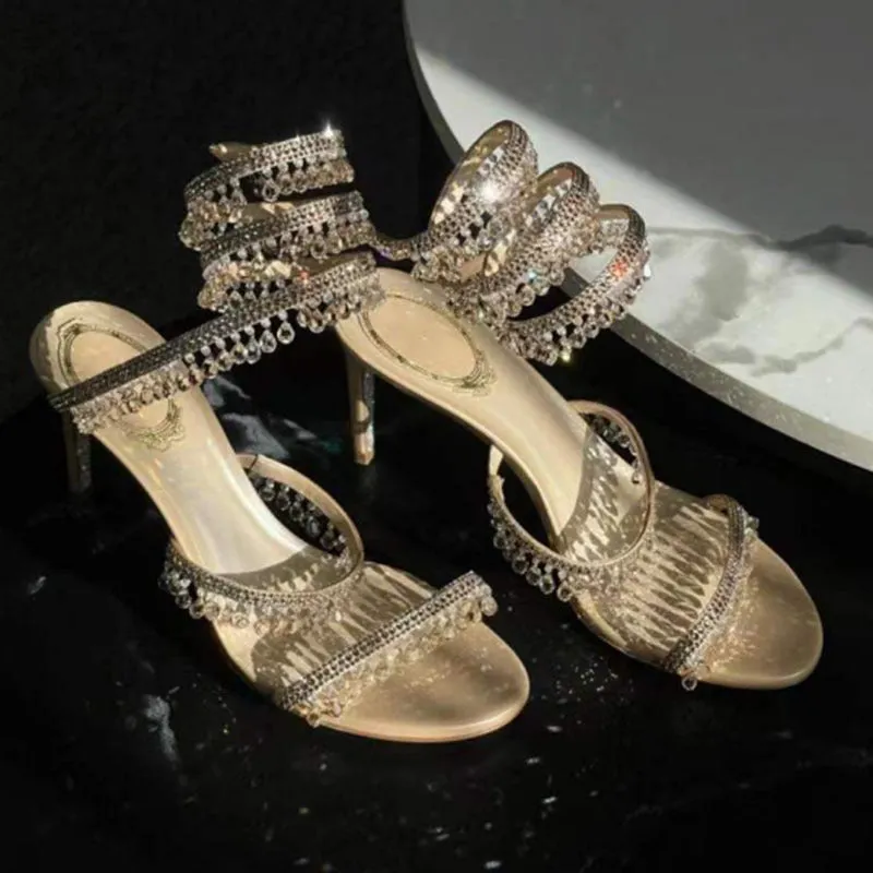 Fishmouth Water Drop Serpentine Wrap Strappy Stiletto Sandals