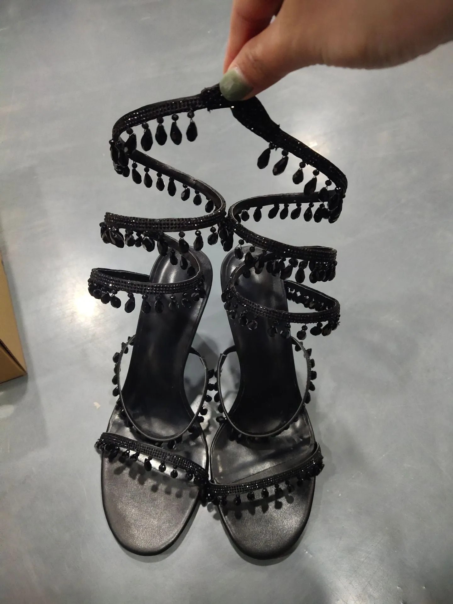 Fishmouth Water Drop Serpentine Wrap Strappy Stiletto Sandals