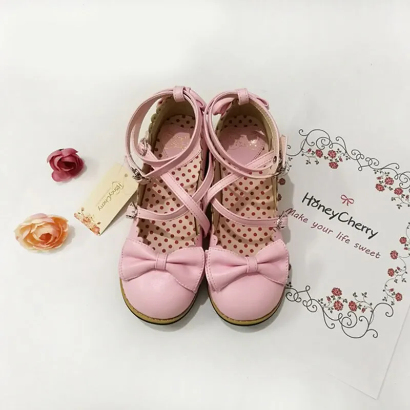 Halloween Joskaa Lolita Shoes Women Flats Low Round With Cross Straps Bow Cute Girls Princess Tea Party Shoes Students Lovely Shoes Size 34-41