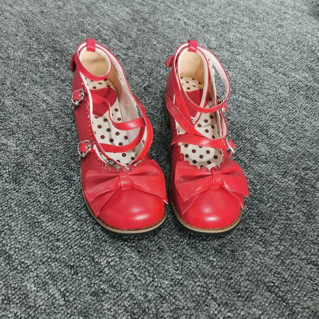 Halloween Joskaa Lolita Shoes Women Flats Low Round With Cross Straps Bow Cute Girls Princess Tea Party Shoes Students Lovely Shoes Size 34-41