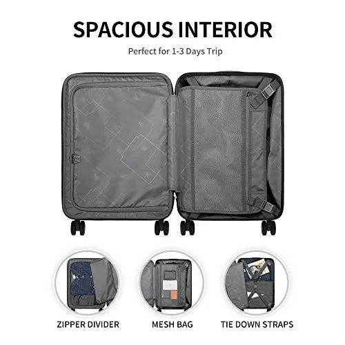 LEVEL8 Carry-On Luggage, Hardside Suitcase, 20” Lightweight ABS PC Hardshell Spinner Trolley for Luggage with Built-In TSA Lock, 8 Spinner Wheels, Black, 20-Inch Carry-On