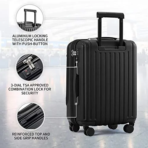 LEVEL8 Carry-On Luggage, Hardside Suitcase, 20” Lightweight ABS PC Hardshell Spinner Trolley for Luggage with Built-In TSA Lock, 8 Spinner Wheels, Black, 20-Inch Carry-On