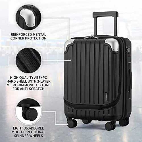 LEVEL8 Carry-On Luggage, Hardside Suitcase, 20” Lightweight ABS PC Hardshell Spinner Trolley for Luggage with Built-In TSA Lock, 8 Spinner Wheels, Black, 20-Inch Carry-On