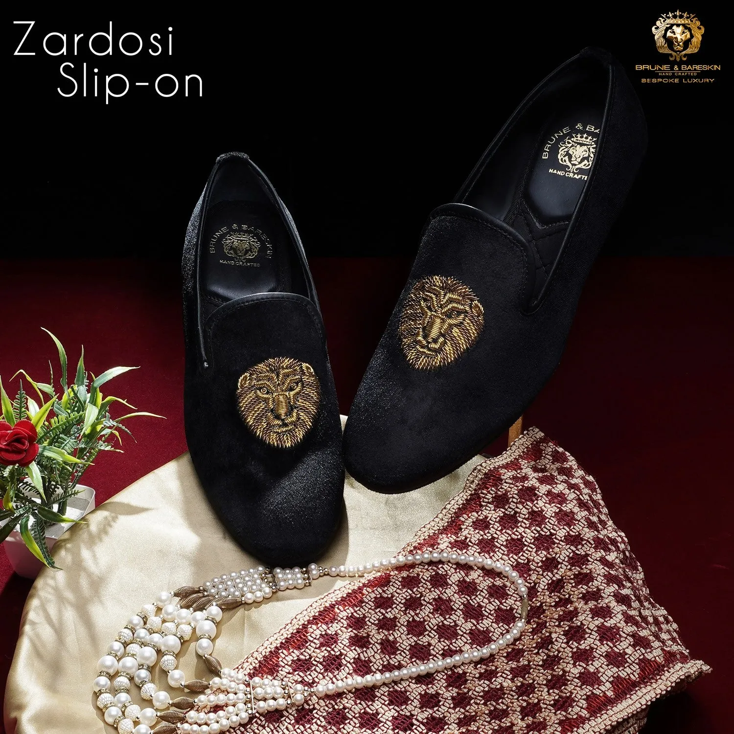 Lion Zardosi Slip-On Shoes in Black Velvet By Brune & Bareskin