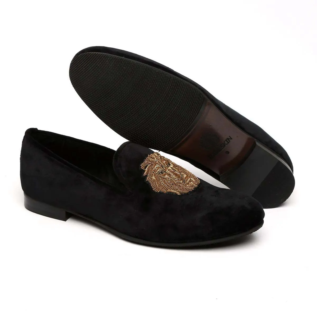Lion Zardosi Slip-On Shoes in Black Velvet By Brune & Bareskin