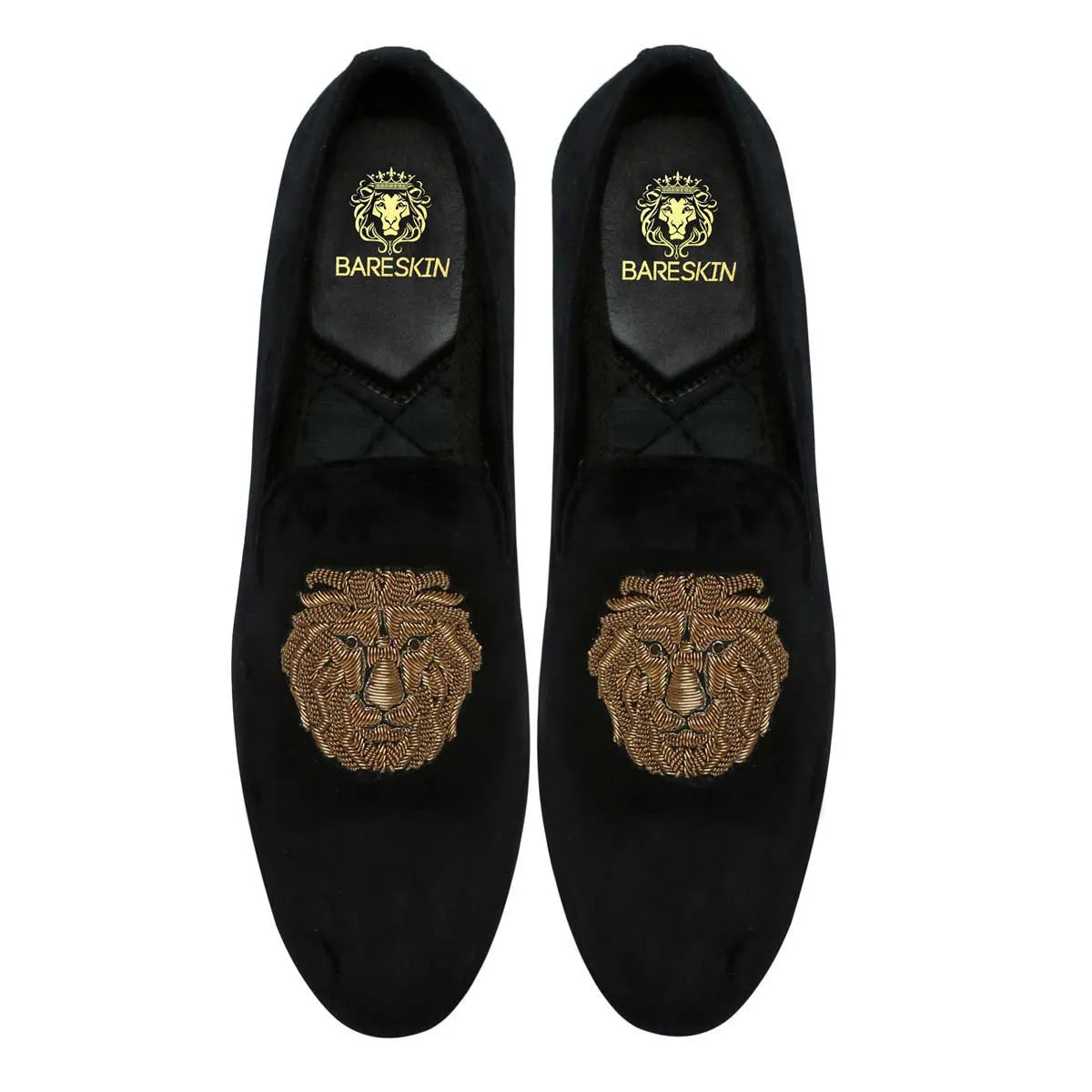 Lion Zardosi Slip-On Shoes in Black Velvet By Brune & Bareskin