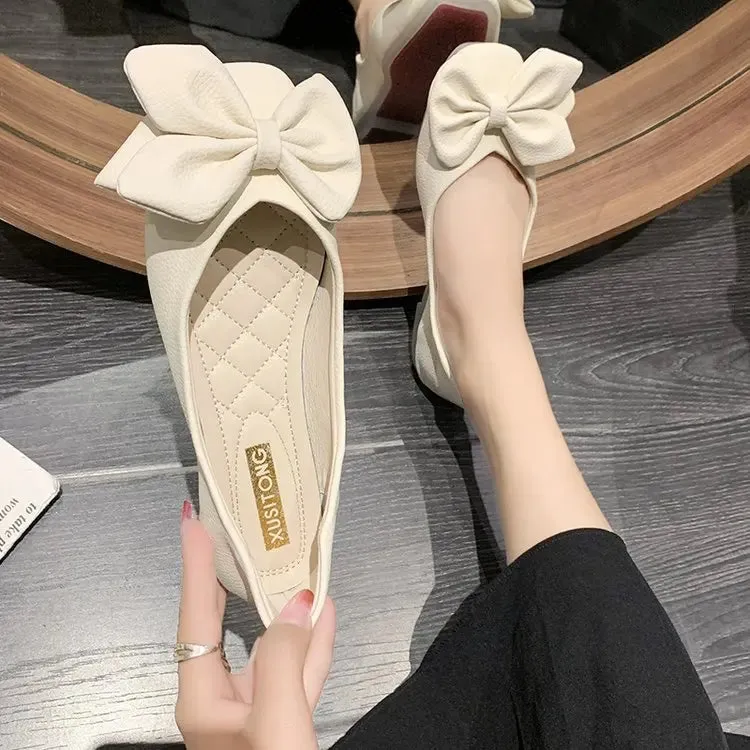 New Fashion Pumps  Soft Casual Women Sneakers 2024 Fashion Women Low Heel Square Toe Bow Solid Color Ladies Flat Shoes