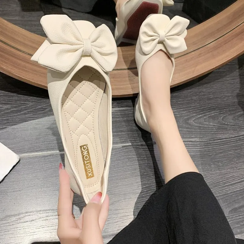 New Fashion Pumps  Soft Casual Women Sneakers 2024 Fashion Women Low Heel Square Toe Bow Solid Color Ladies Flat Shoes