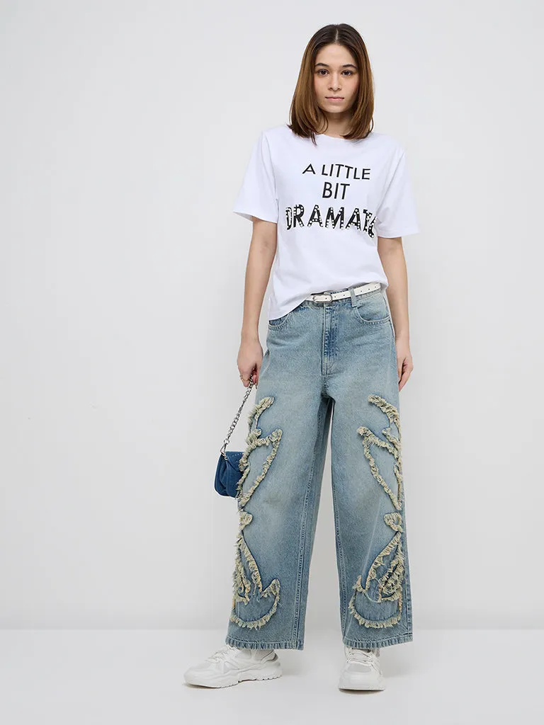 Nuon White Text Embellished Cotton T-Shirt