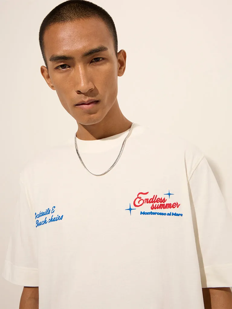 Nuon White Text Printed Relaxed-Fit Cotton T-Shirt