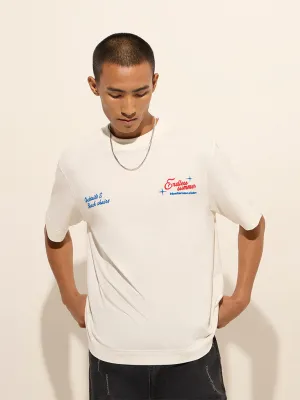 Nuon White Text Printed Relaxed-Fit Cotton T-Shirt