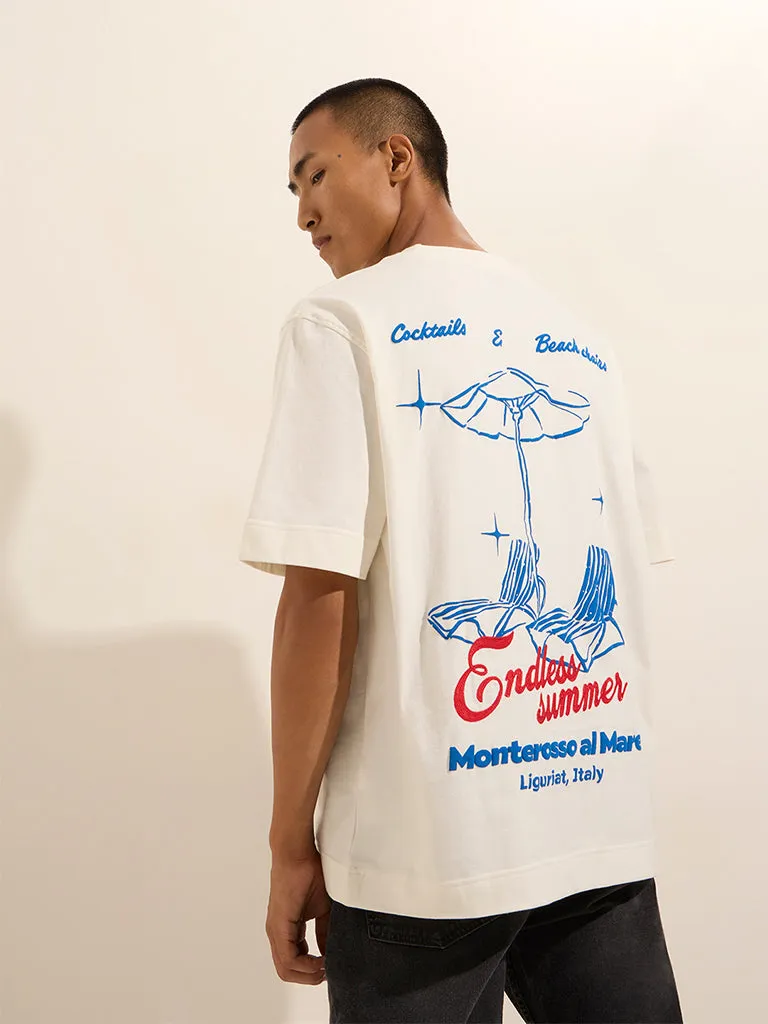 Nuon White Text Printed Relaxed-Fit Cotton T-Shirt