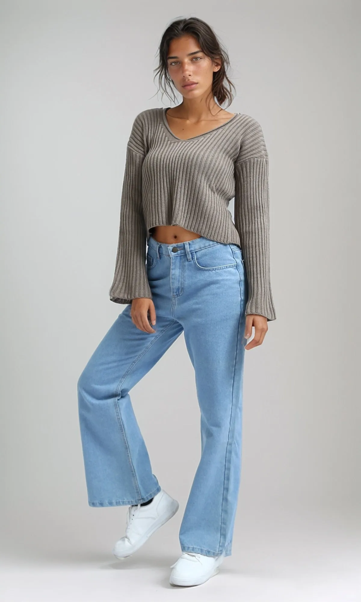 O198695 Relaxed Fit Wide V-Neck Ribbed Pullover - Coffee