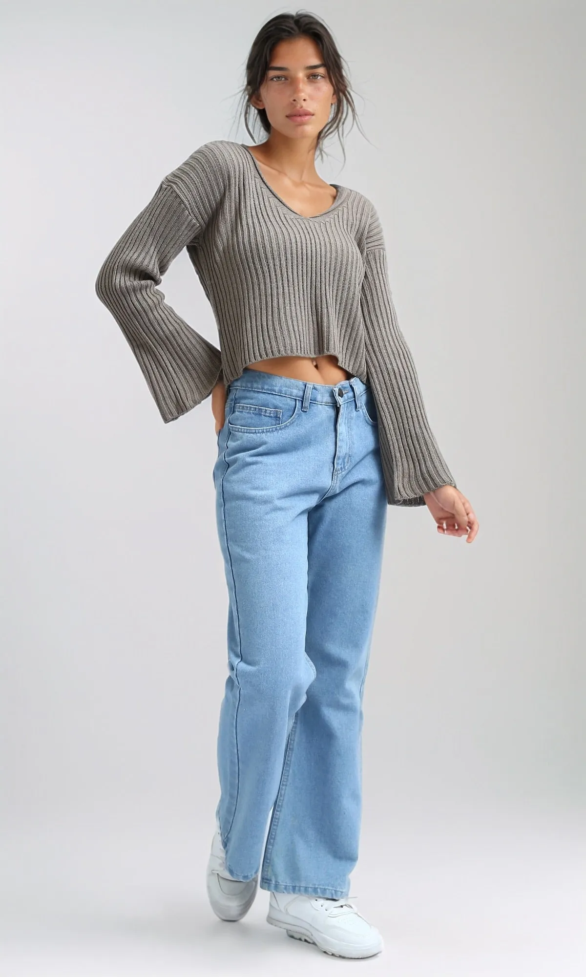 O198695 Relaxed Fit Wide V-Neck Ribbed Pullover - Coffee