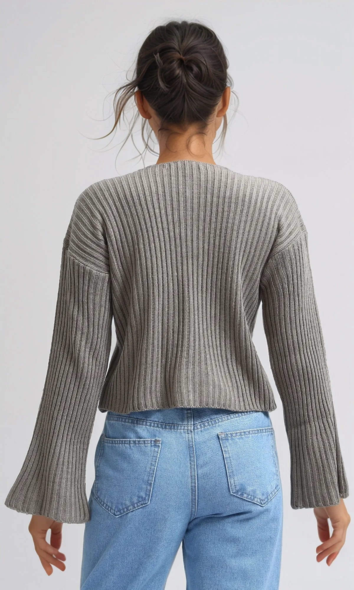 O198695 Relaxed Fit Wide V-Neck Ribbed Pullover - Coffee