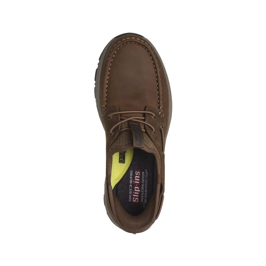 SKECHERS SHORE THING MOC TOE LEATHER BUNGEE SLIP IN BROWN - MENS